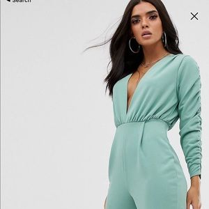 ASOS Design deep plunge gathered sleeve jumpsuit